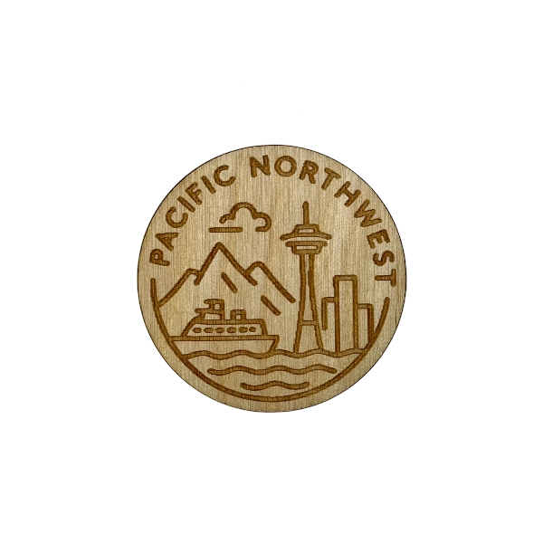 Pacific Northwest Wood Magnet – Laser Engraved Emblem with Space Needle and Ferry Design