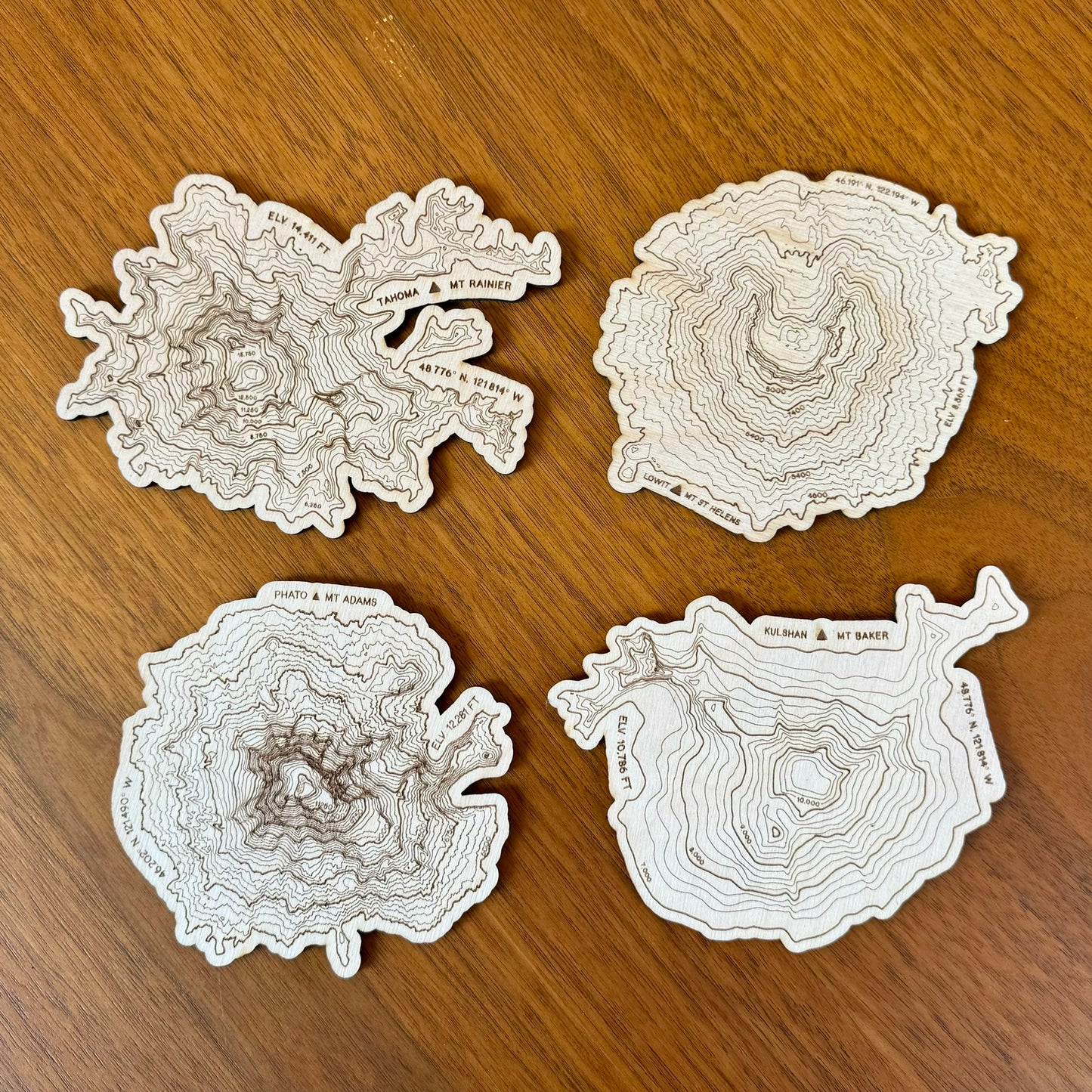 Washington Volcanoes Topography Coasters Coaster – Handcrafted Baltic Birch Art