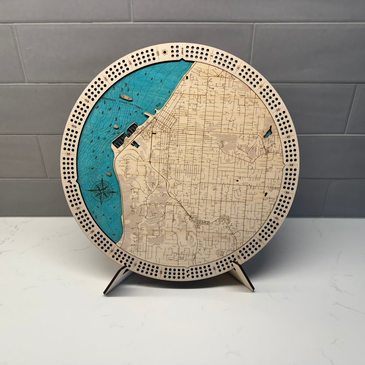 Edmonds Washington 12" Topographical Cribbage – Handcrafted in Washington