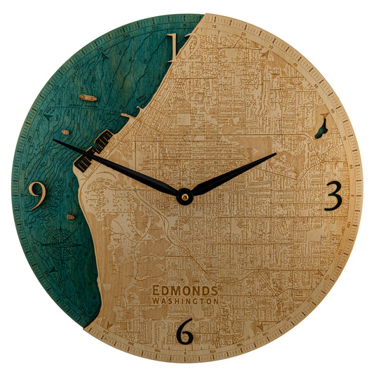 Edmonds Washington Topographical 12" Diameter Clock – Handcrafted in Washington