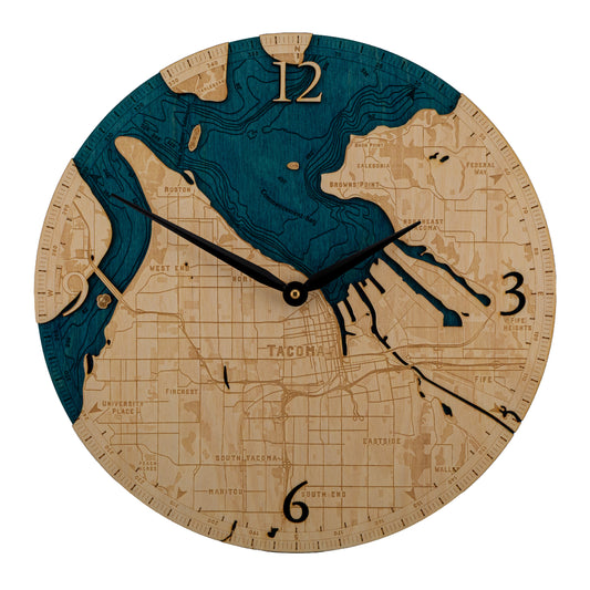 Tacoma Washington Topographical 12" Diameter Clock – Handcrafted in Washington