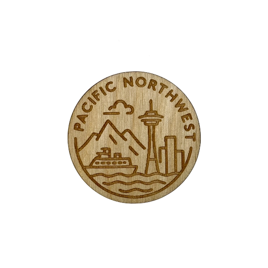 Pacific Northwest Wood Magnet – Laser Engraved Emblem with Space Needle and Ferry Design