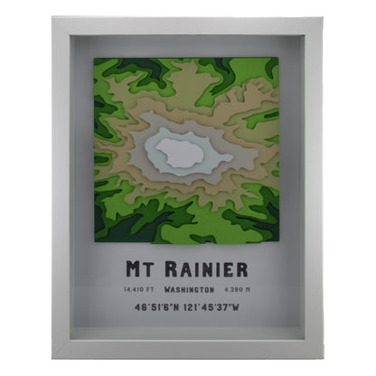 Mount Rainier 3D Layered Paper Map | Framed Handmade Topographic Wall Art