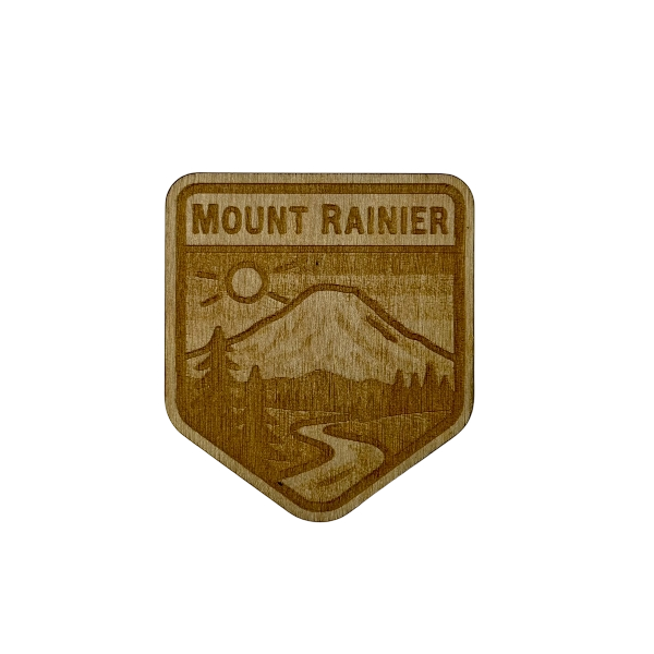 Mount Rainier Wood Magnet – Rustic Laser Engraved National Park Badge Souvenir