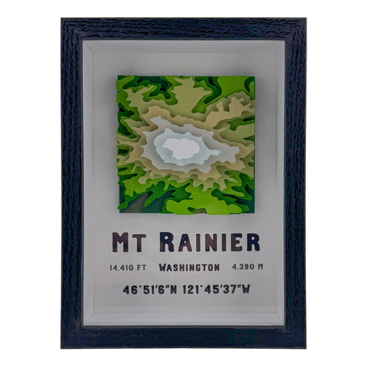 Mount Rainier 3D Layered Paper Map | Framed Handmade Topographic Wall Art