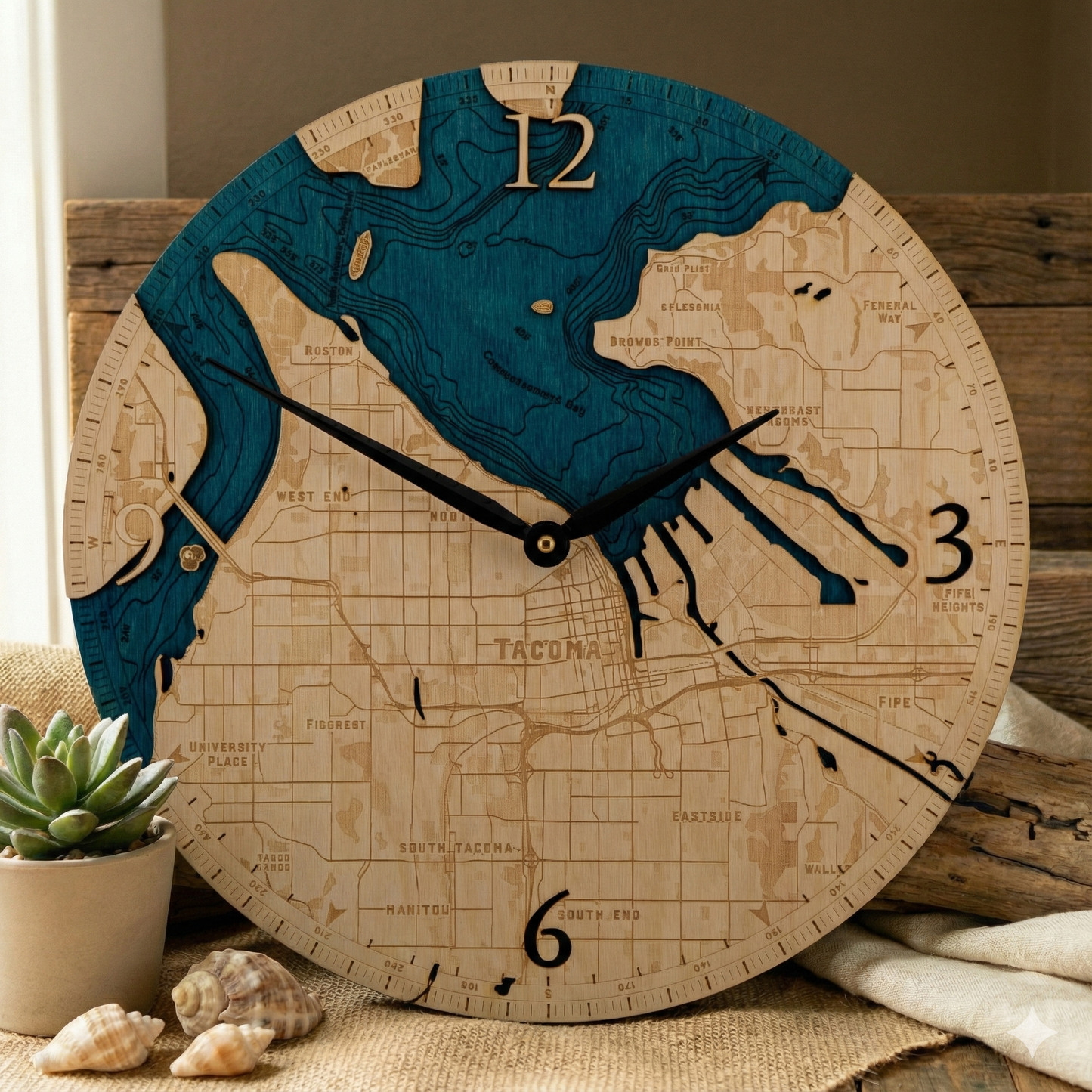 Tacoma Washington Topographical 12" Diameter Clock – Handcrafted in Washington