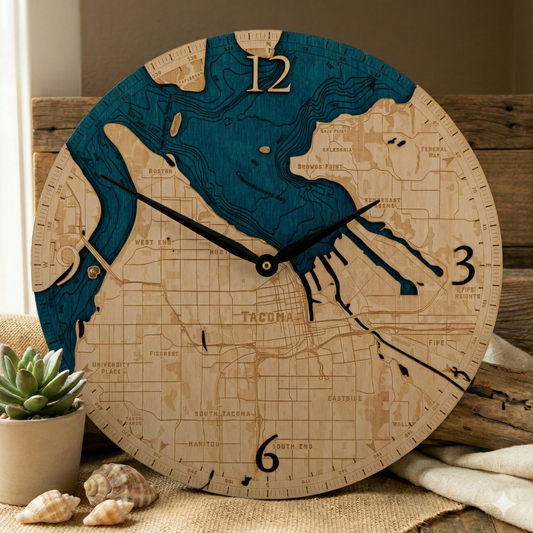 Tacoma Washington Topographical 12" Diameter Clock – Handcrafted in Washington