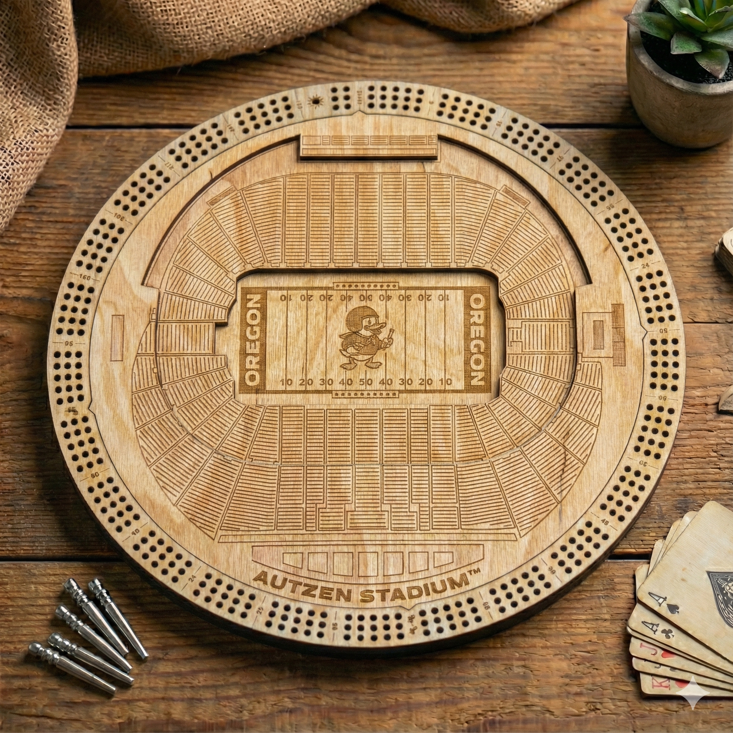 University of Oregon Autzen Stadium Cribbage Board – 12" 3-Layer Blueprint Style | Oregon Ducks Gift | The Duck Game Night Decor