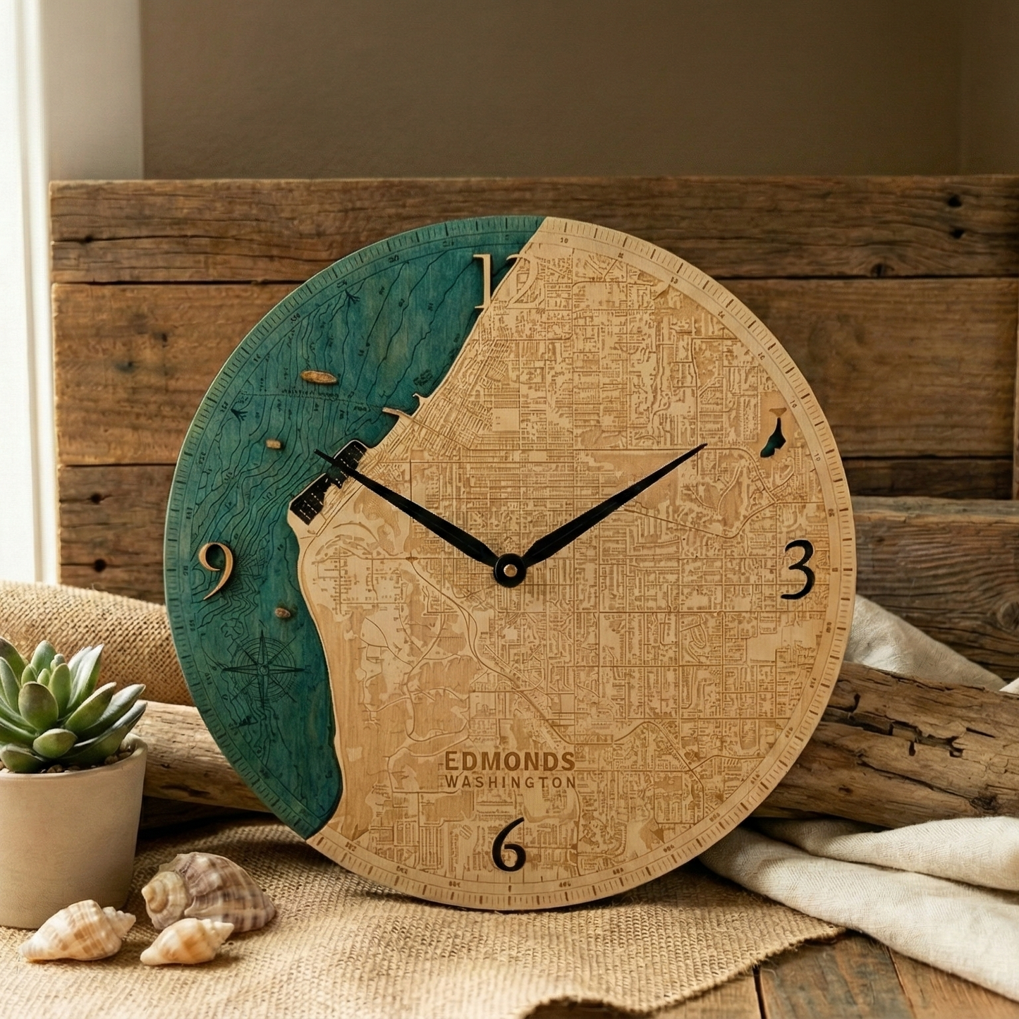 Edmonds Washington Topographical 12" Diameter Clock – Handcrafted in Washington