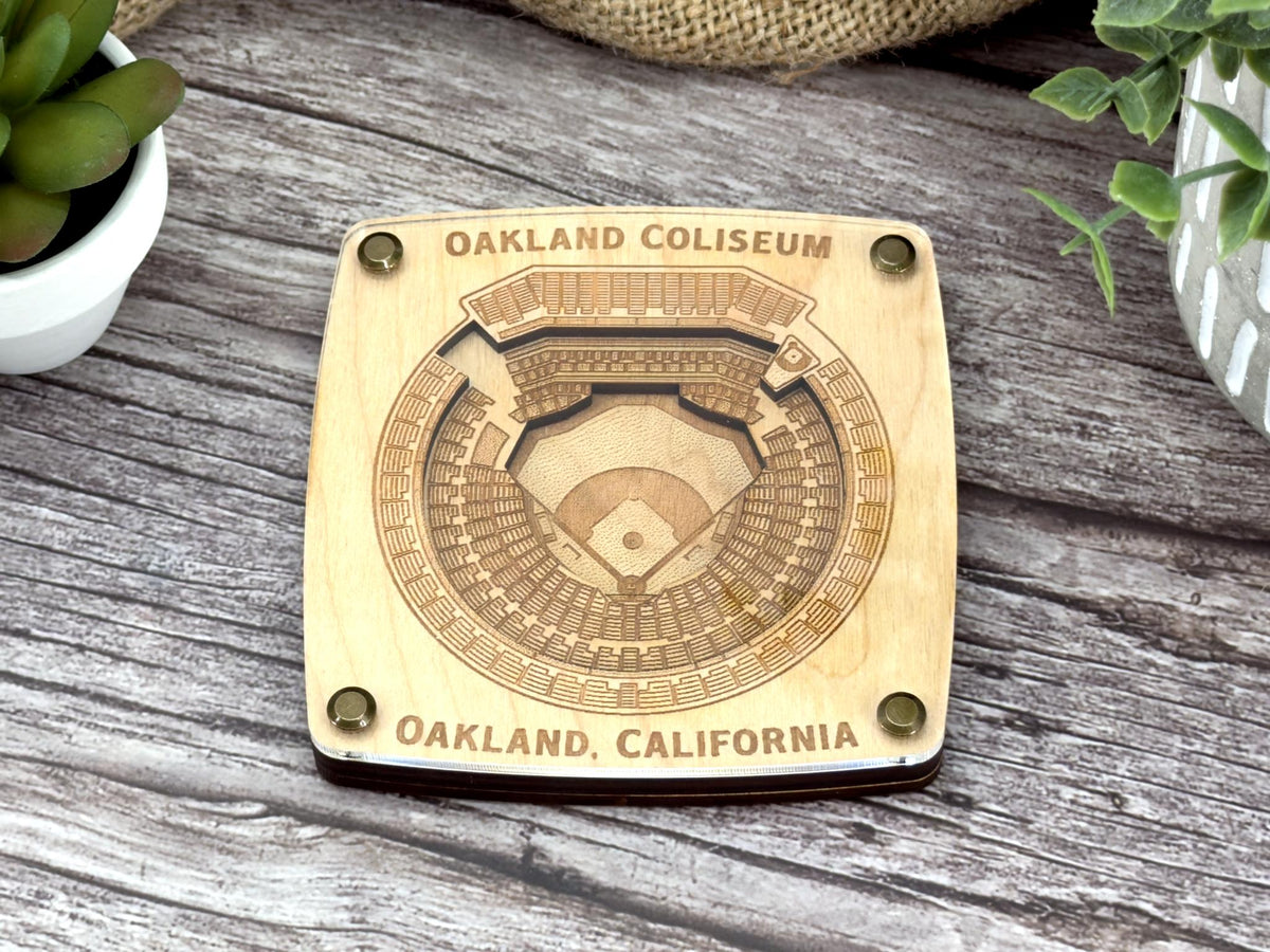 Oakland Coliseum - Oakland A's - Oakland California Coaster – Handcrafted Baltic Birch Art