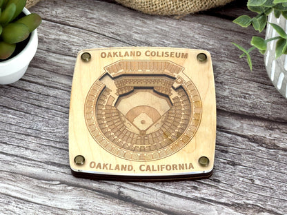 Oakland Coliseum - Oakland A's - Oakland California Coaster – Handcrafted Baltic Birch Art