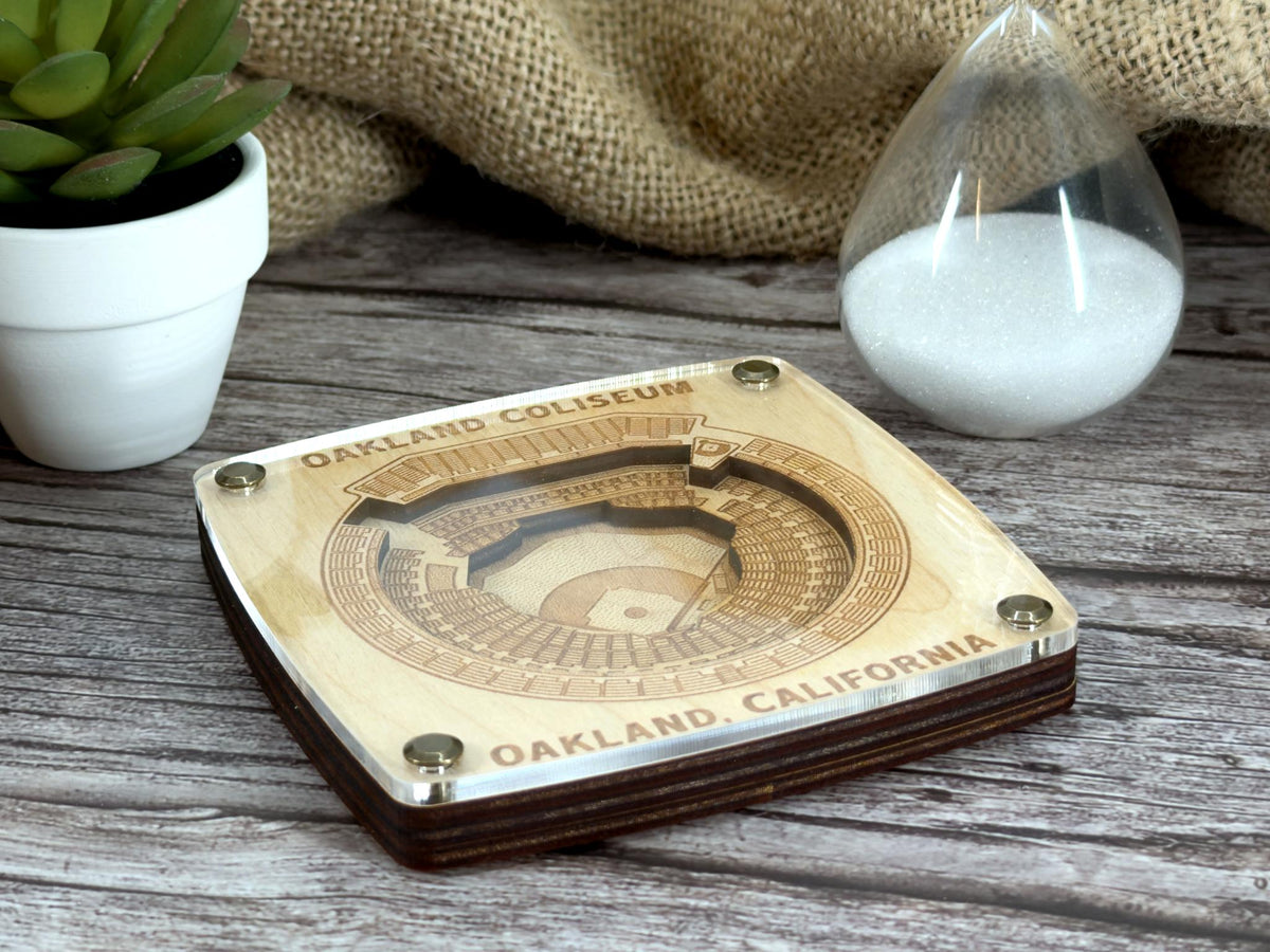 Oakland Coliseum - Oakland A's - Oakland California Coaster – Handcrafted Baltic Birch Art