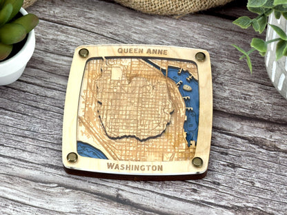 Queen Anne, Seattle Washington Drink Coaster – Handcrafted Baltic Birch Art