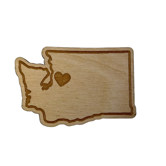 Washington State Wood Magnet – Rustic Laser Engraved Souvenir with Seattle Heart Detail