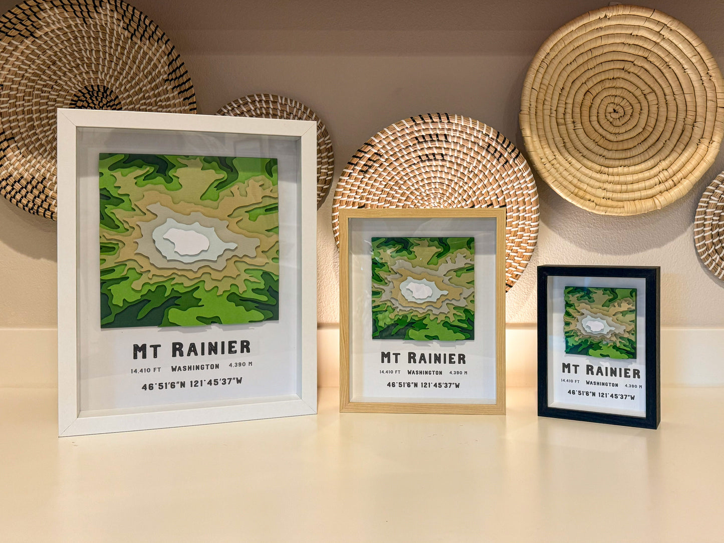 Mount Rainier 3D Layered Paper Map | Framed Handmade Topographic Wall Art