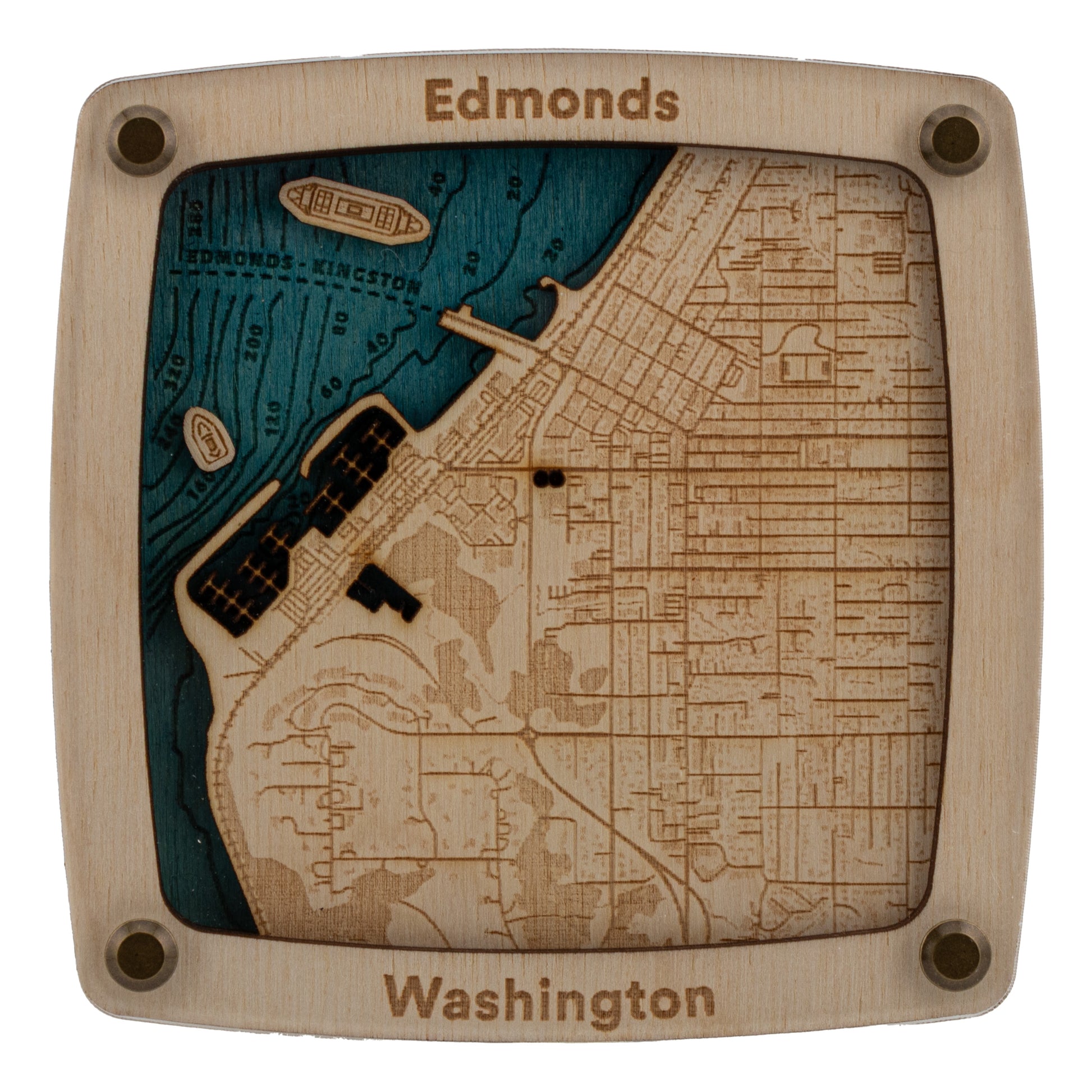 Drink Coaster of a laser-cut map of Edmonds, Washington