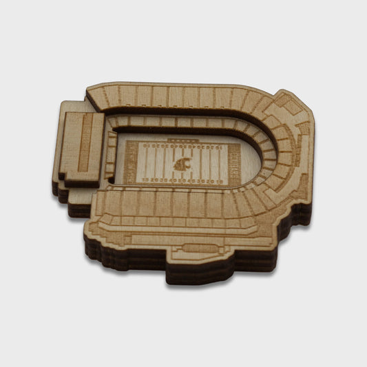 Wooden model of a stadium on a light gray background